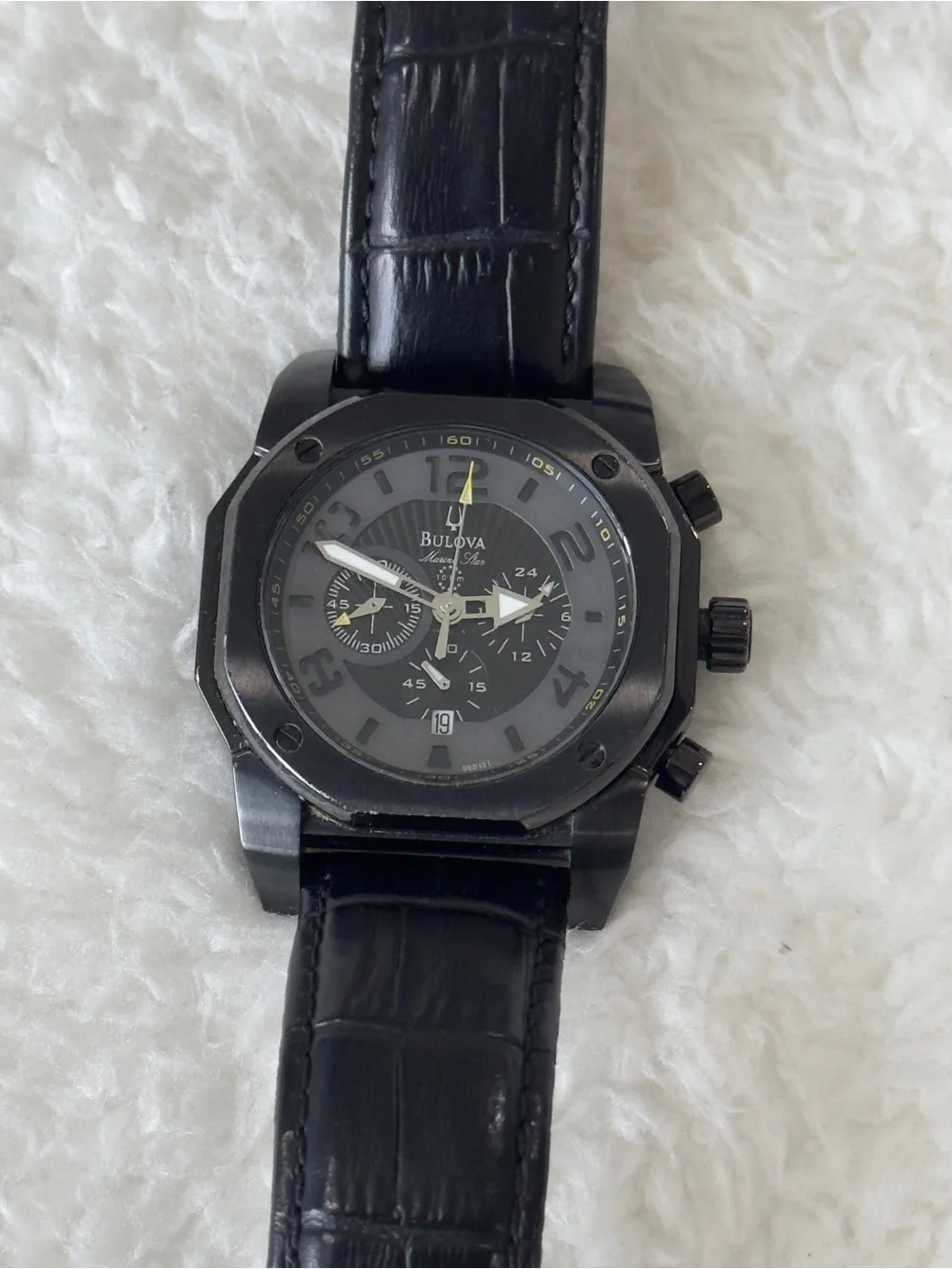 Bulova Black Marine Star Dial Black Leather Strap Chronograph Watch